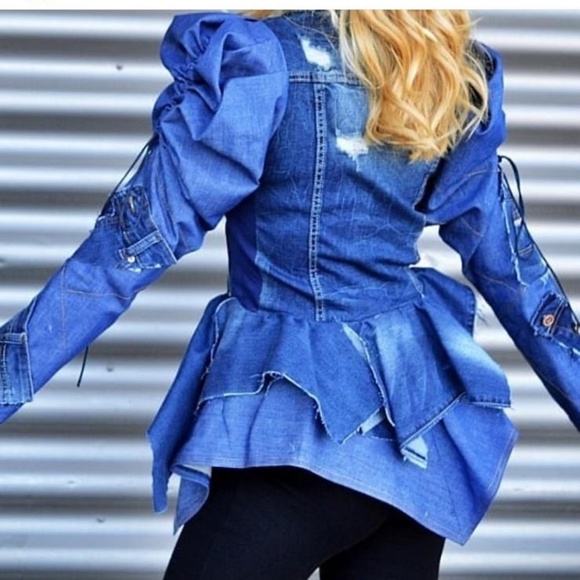 Denim Peplum Jacket with Puffy Shoulders - Picture 2 of 3